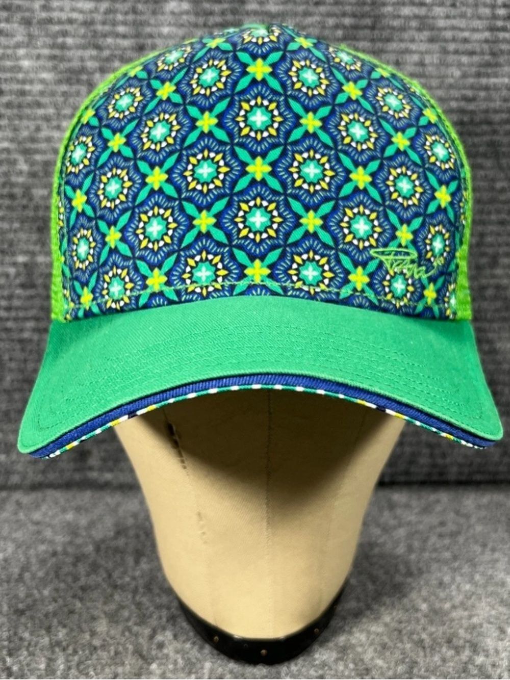 prAna trucker cap features a vibrant blue patterned front panel never worn